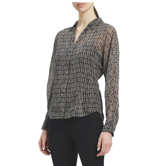 NWT Theory Women Size Small Seam Cinch Sheer Shirt in Stripe Tile Grey Multi NEW - Picture 1 of 5